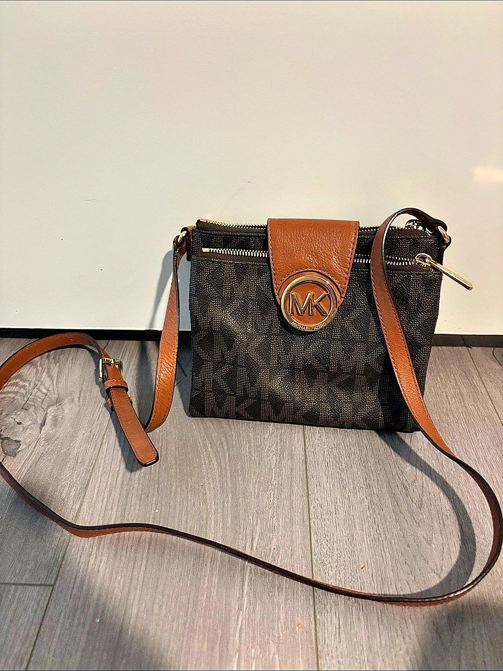 Michael Kors Fulton Small Flap Double Zip Crossbody Bag Brown & Black